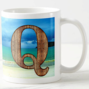 Initial Monogram Wooden Letter Q Beach Ocean Scene Coffee Mug