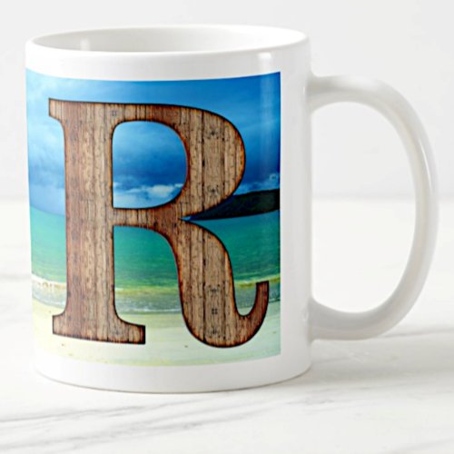 Initial Monogram Wooden Letter R Beach Ocean Scene Coffee Mug