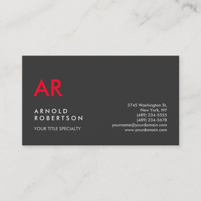 Initial Monogrammed Gray Red Minimalist Customize Business Card (Front)