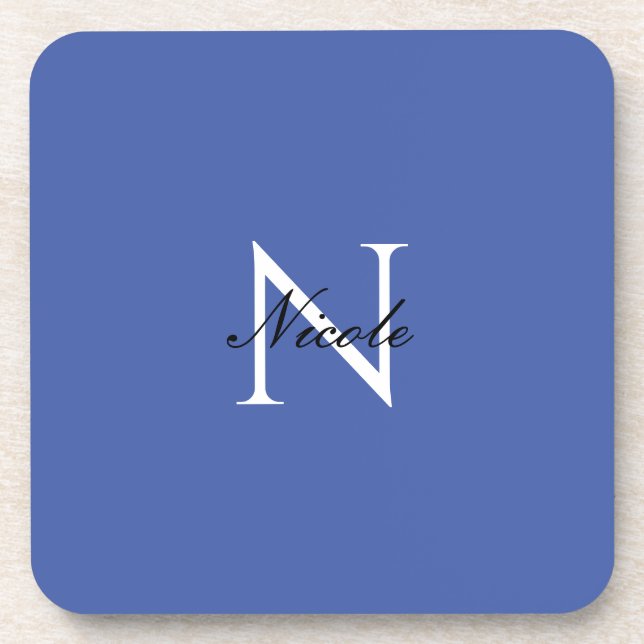 Initial Monogrammed Handwritten Own Name Blue Beverage Coaster (Front)