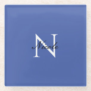 Initial Monogrammed Handwritten Own Name Blue Glass Coaster