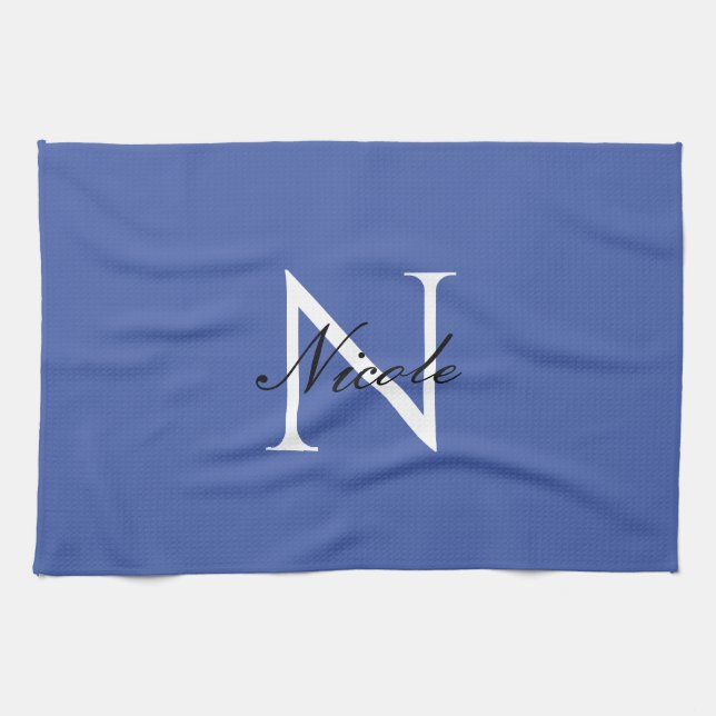 Initial Monogrammed Handwritten Own Name Blue Kitchen Towel (Horizontal)