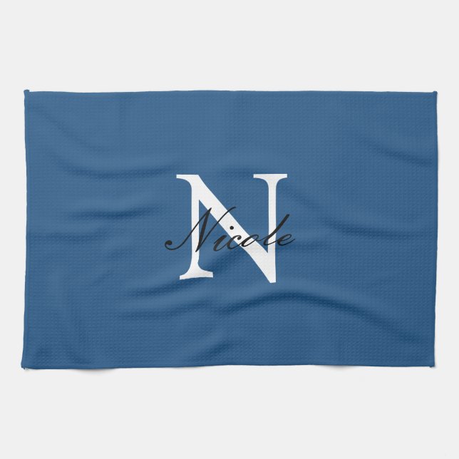 Initial Monogrammed Handwritten Own Name Blue Kitchen Towel (Horizontal)