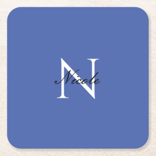 Initial Monogrammed Handwritten Own Name Blue Square Paper Coaster