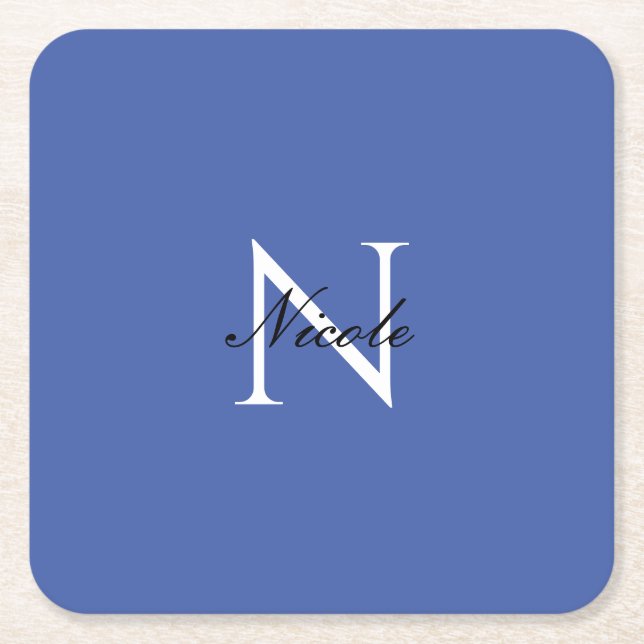 Initial Monogrammed Handwritten Own Name Blue Square Paper Coaster (Front)