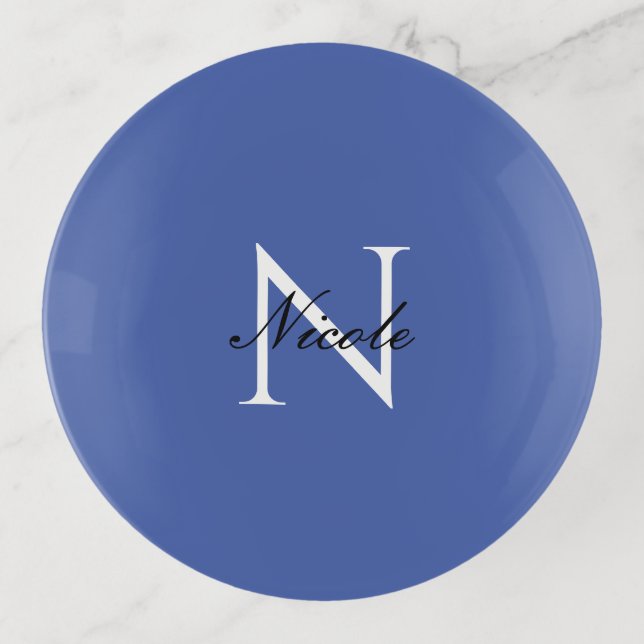 Initial Monogrammed Handwritten Own Name Blue Trinket Tray (Front)