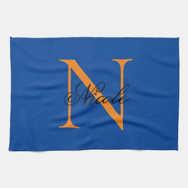Initial Monogrammed Handwritten Own Name Deep Blue Kitchen Towel (Horizontal)
