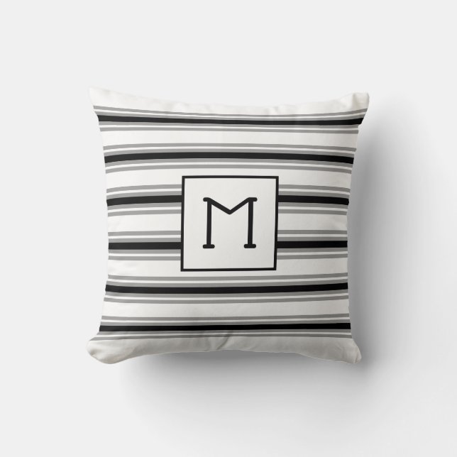 Initial Monogrammed on White, Black Gray Stripe Throw Pillow (Front)
