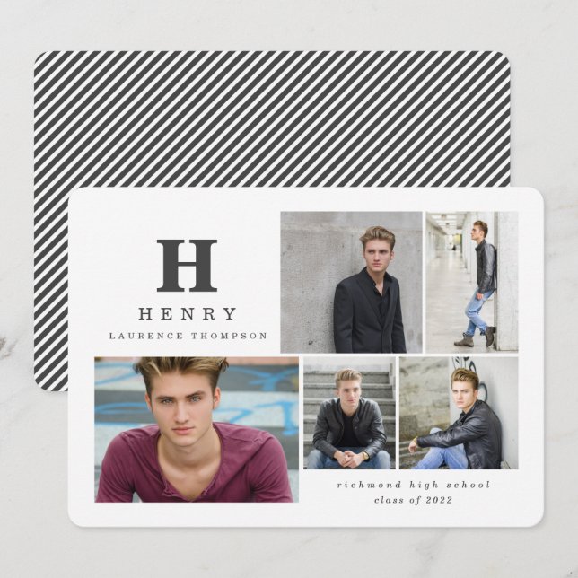 Initial multi photo graduate modern black white announcement (Front/Back)