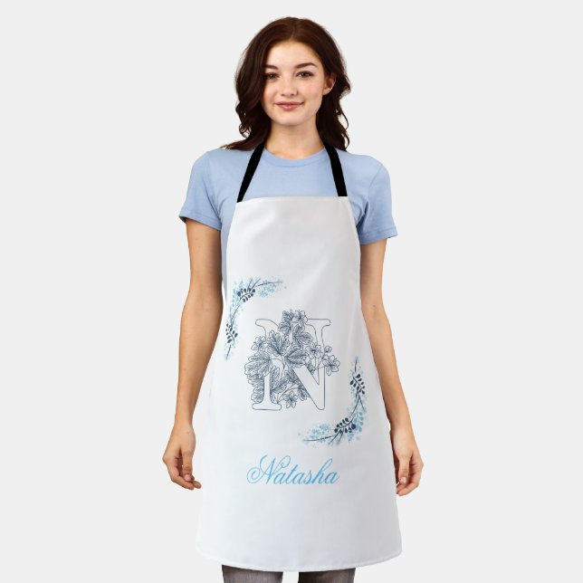 Initial "N" Blue Monogram Calm Floral Apron (Worn)