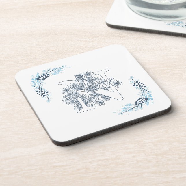Initial "N" Blue Monogram Calm Floral Beverage Coaster (Left Side)