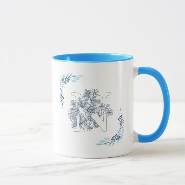Initial "N" Blue Monogram Calm Floral Coffee Mug (Right)