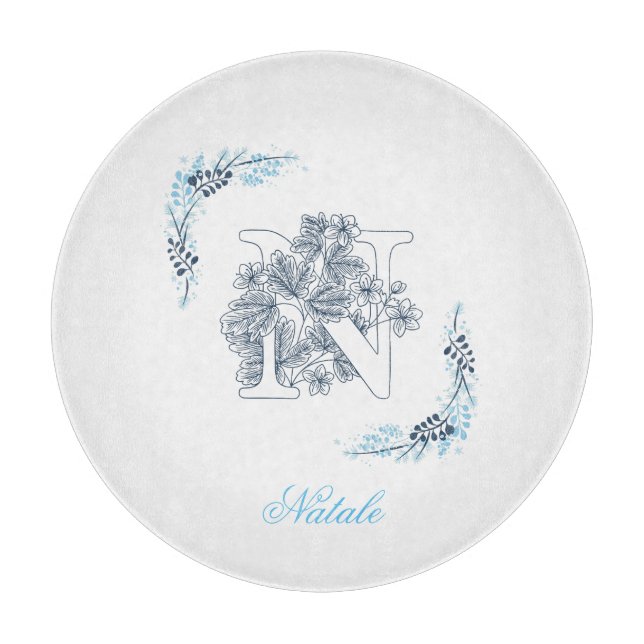 Initial "N" Blue Monogram Calm Floral Cutting Board (Front)