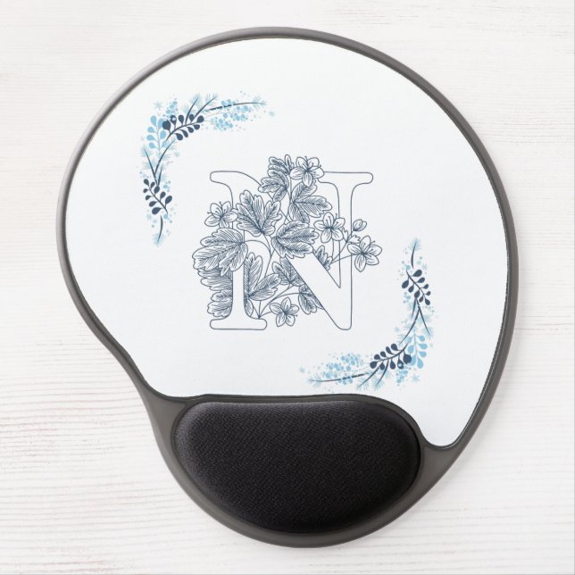 Initial "N" Blue Monogram Calm Floral Gel Mouse Pad (Front)
