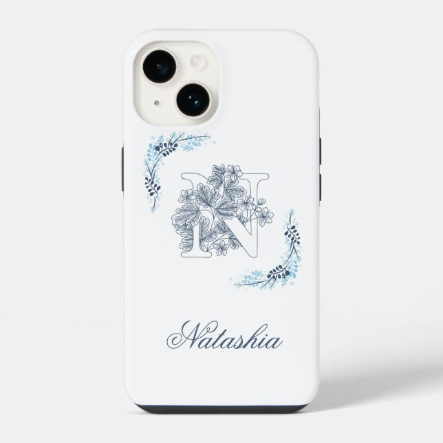 Initial "N" Blue Monogram Calm Floral Iphone Case (Back)