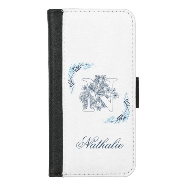 Initial "N" Blue Monogram Calm Floral iPhone Wallet Case (Front)
