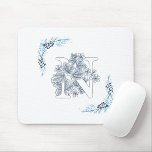 Initial "N" Blue Monogram Calm Floral Mouse Pad