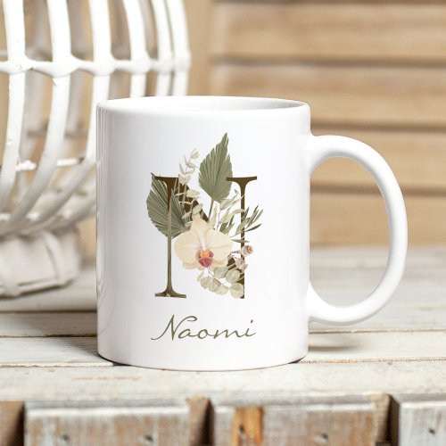 Initial N Boho Floral Orchid Greenery Custom Name Coffee Mug