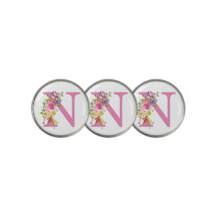 Initial N Pink Floral Golf Ball Marker