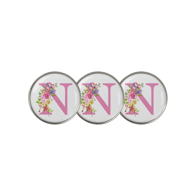 Initial N Pink Floral Golf Ball Marker (3 Up)