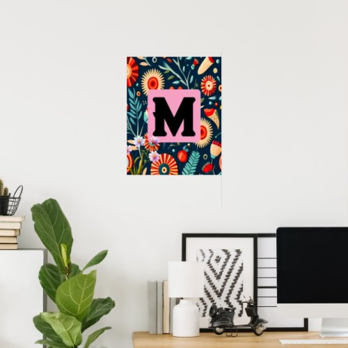 Initial Name  Abstract Colorful Flowers  Leaves Poster
