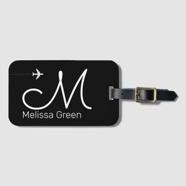 initial + name airplane blackandwhite luggage tag (Front Horizontal)