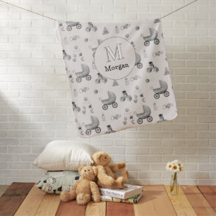 Initial Name    Black White Grey Gender Neutral Baby Blanket