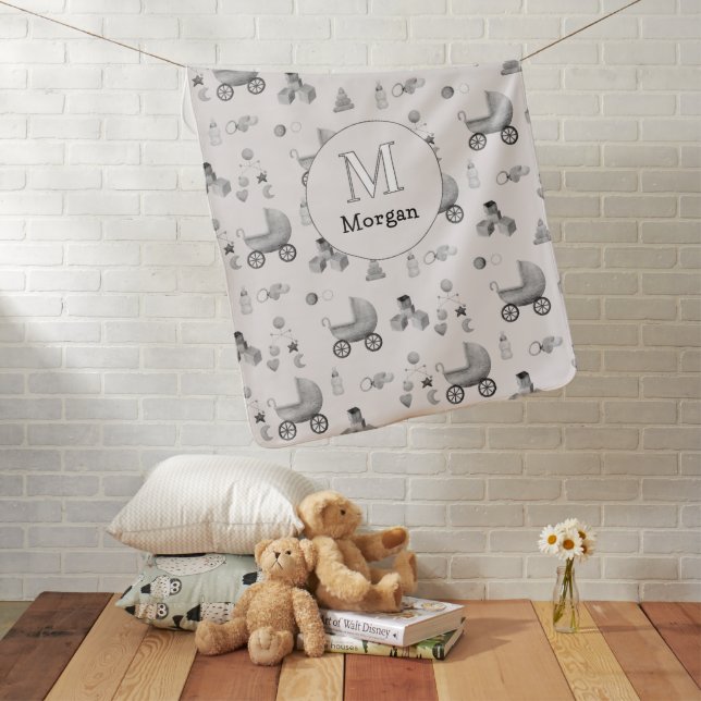 Initial Name || Black White Grey Gender Neutral Baby Blanket (In Situ)