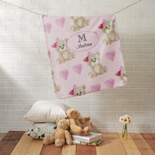 Initial Name || Cute Pink Hearts, Teddy Bears Girl Baby Blanket