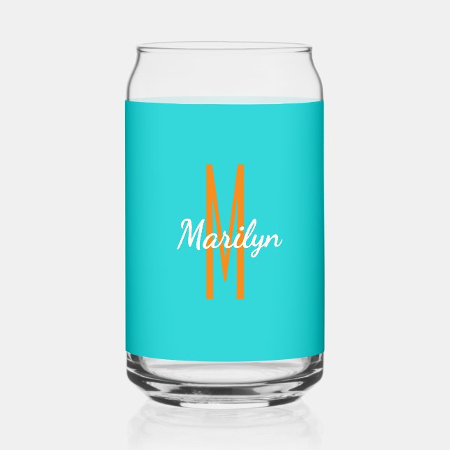 Initial Name | Dark Turquoise Orange Beverage Can Glass (Front)