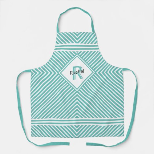 Initial Name  Diagonal Funky Teal Stripe Pattern Apron