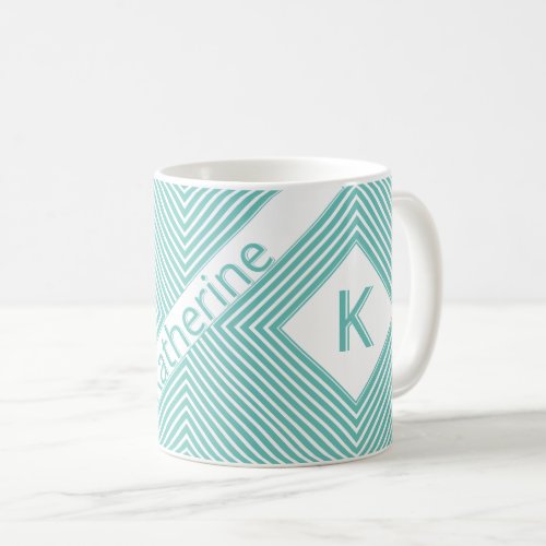 Initial Name  Diagonal Teal Geometric Lines Coffee Mug