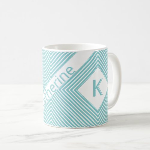 Initial Name  Funky Diagonal AquaWhite Lines Coffee Mug