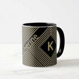 Initial Name | Funky Diagonal Black/Gold Stripes Mug