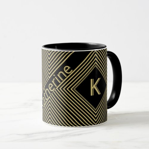 Initial Name  Funky Diagonal BlackGold Stripes Mug