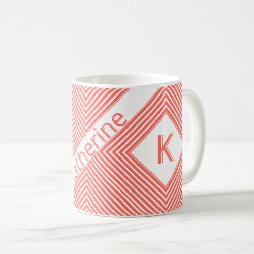 Initial Name  Funky Diagonal CoralWhite Stripes Coffee Mug