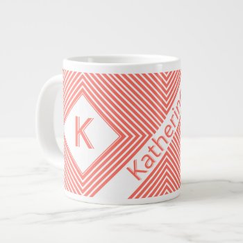 Initial Name | Funky Diagonal Coral/white Stripes Giant Coffee Mug by NancyTrippPhotoGifts at Zazzle
