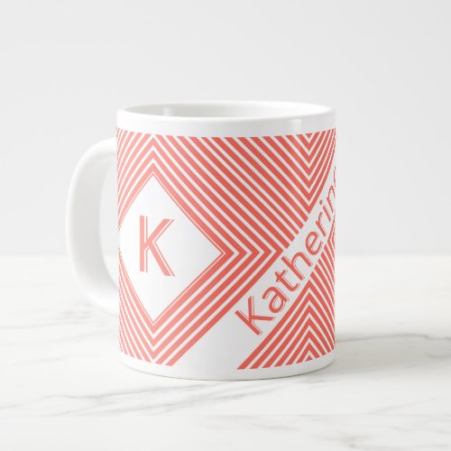 Initial Name  Funky Diagonal CoralWhite Stripes Giant Coffee Mug