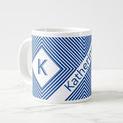 Initial Name  Funky Diagonal Deep Blue Stripes Giant Coffee Mug