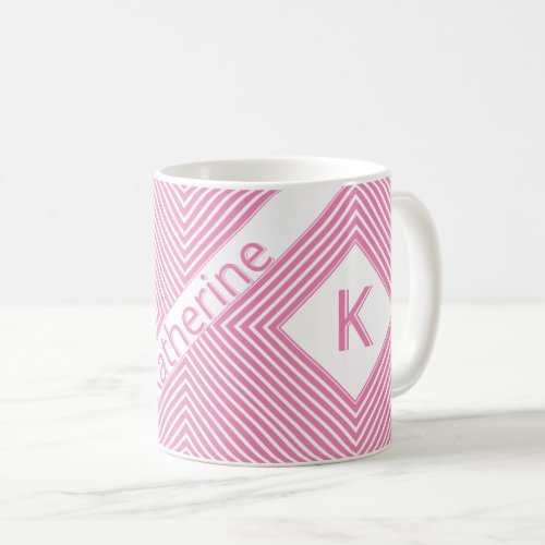 Initial Name  Funky Diagonal PinkWhite Stripes Coffee Mug