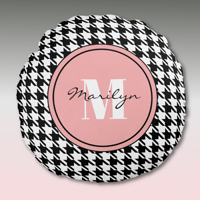 Initial Name Houndstooth Pattern Pink Accent Frame Round Pillow (Creator Uploaded)