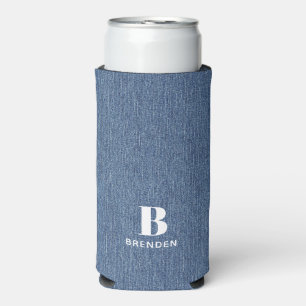 Initial Name, Light Blue Denim Print Slim Seltzer Can Cooler