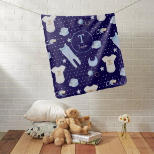 Initial Name Light Blue & Navy Swiss Dots Boy Baby Blanket