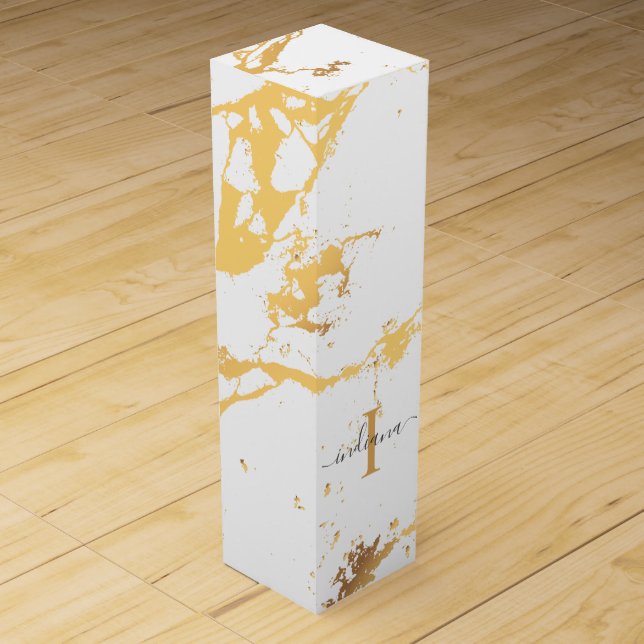 Initial Name Monogram Gold Marble Pattern Script Wine Box (Front)