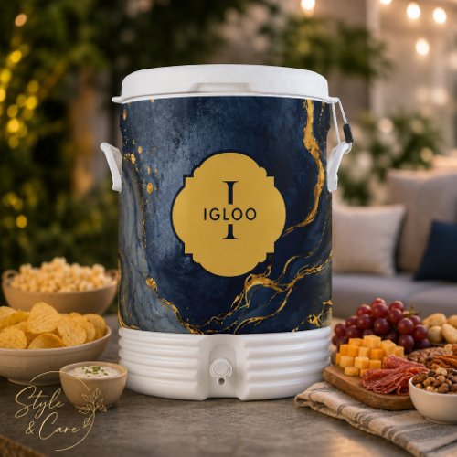 Initial Name on Navy Gold Abstract Marble FluidArt Beverage Cooler