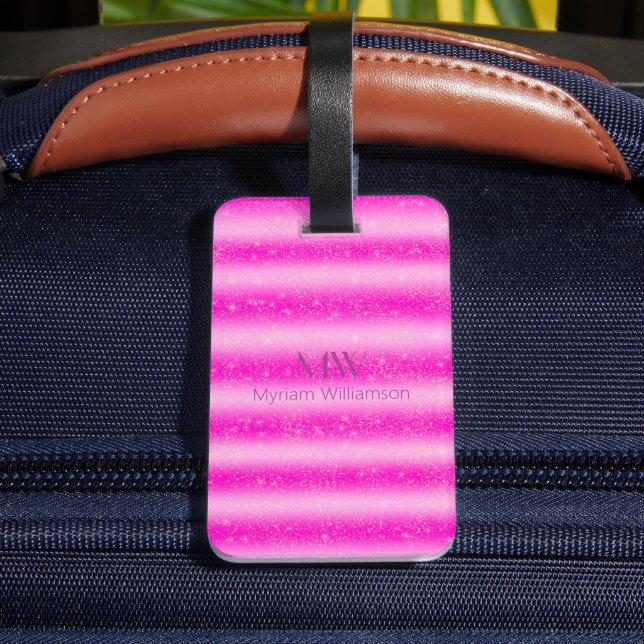 Initial Name Pink Blush Glitter Stripes Luggage Tag (Back Insitu 4)