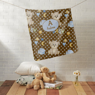 Initial Name    Teddy Bears Light Blue & Brown Boy Baby Blanket