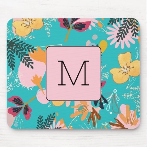Initial Nature lovers Blue Pink floral Abstract Mouse Pad