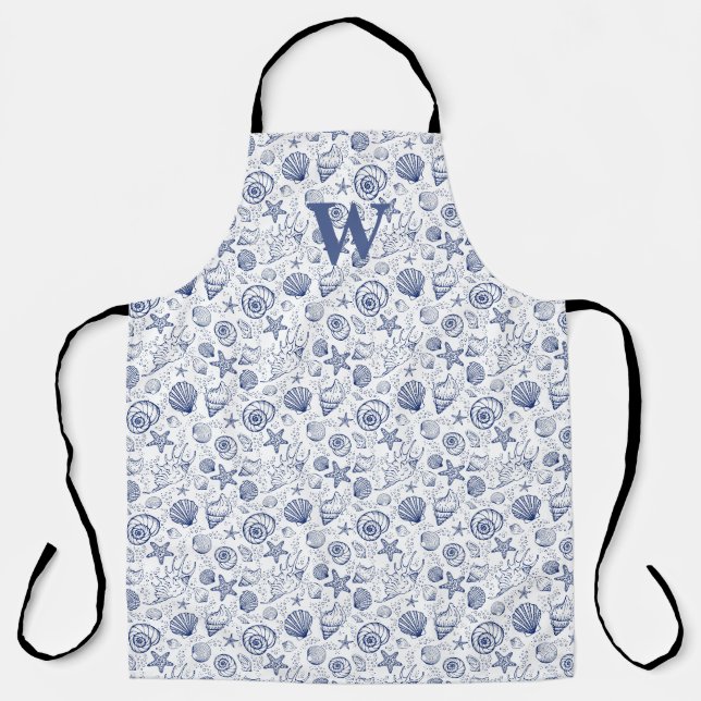 Initial Nautical Seashells Blue and White   Apron (Front)