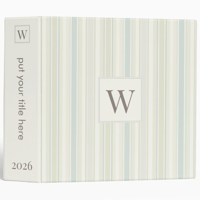 Initial Neutral Dusty Blue Stripe Rustic Farmhouse 3 Ring Binder (Front/Spine)